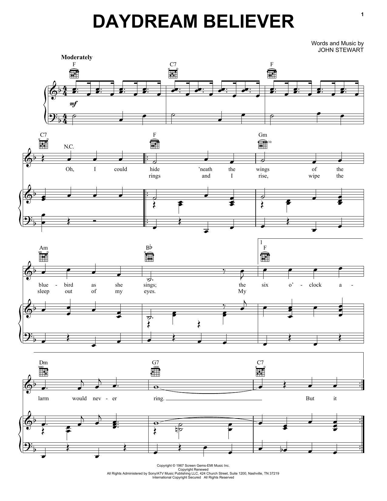 The Monkees Daydream Believer Sheet Music Notes & Chords for Easy Guitar with TAB - Download or Print PDF