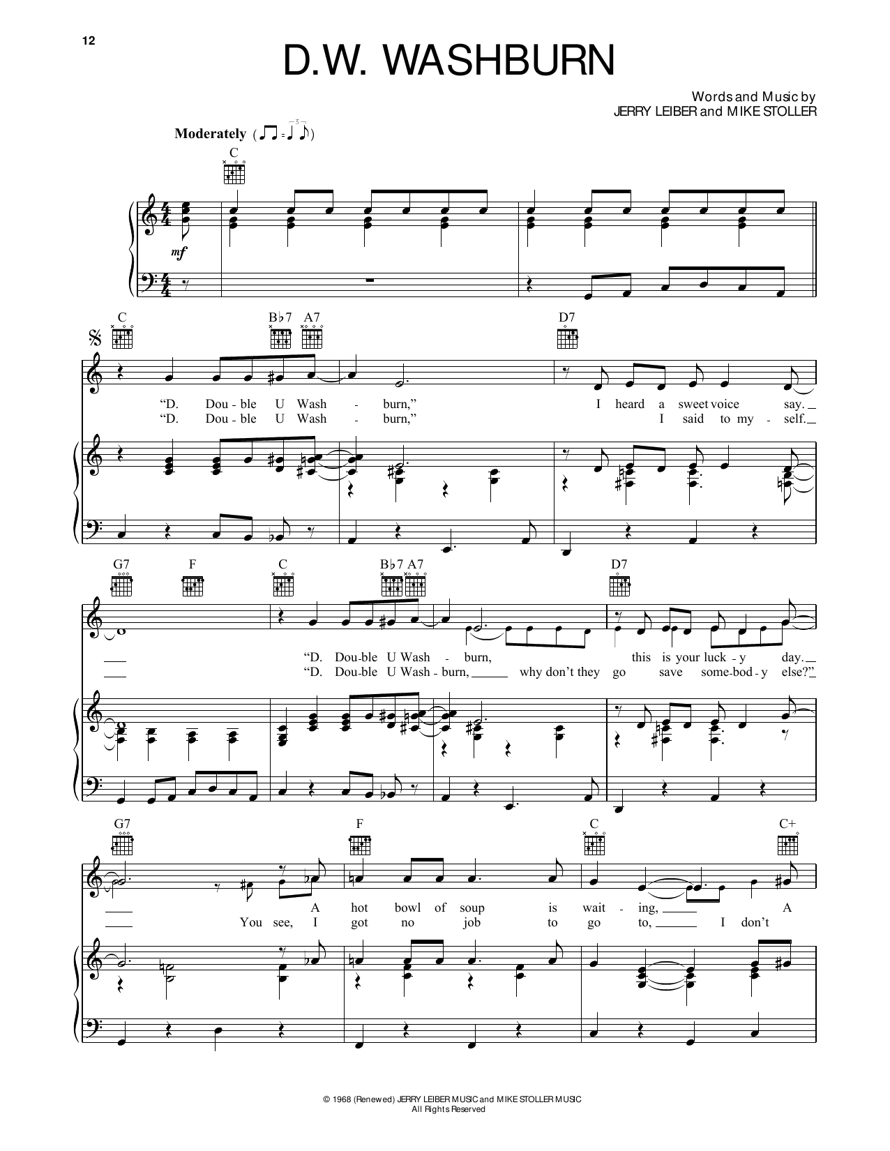 The Monkees D.W. Washburn Sheet Music Notes & Chords for Piano, Vocal & Guitar (Right-Hand Melody) - Download or Print PDF