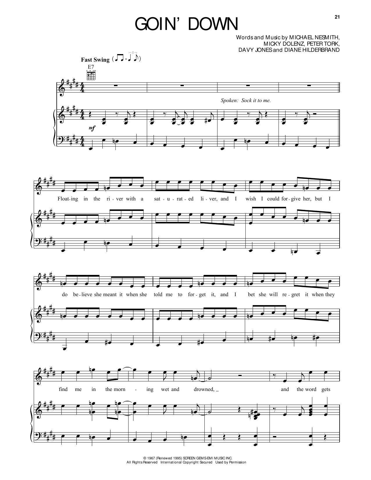 The Monkees Goin' Down Sheet Music Notes & Chords for Piano, Vocal & Guitar (Right-Hand Melody) - Download or Print PDF