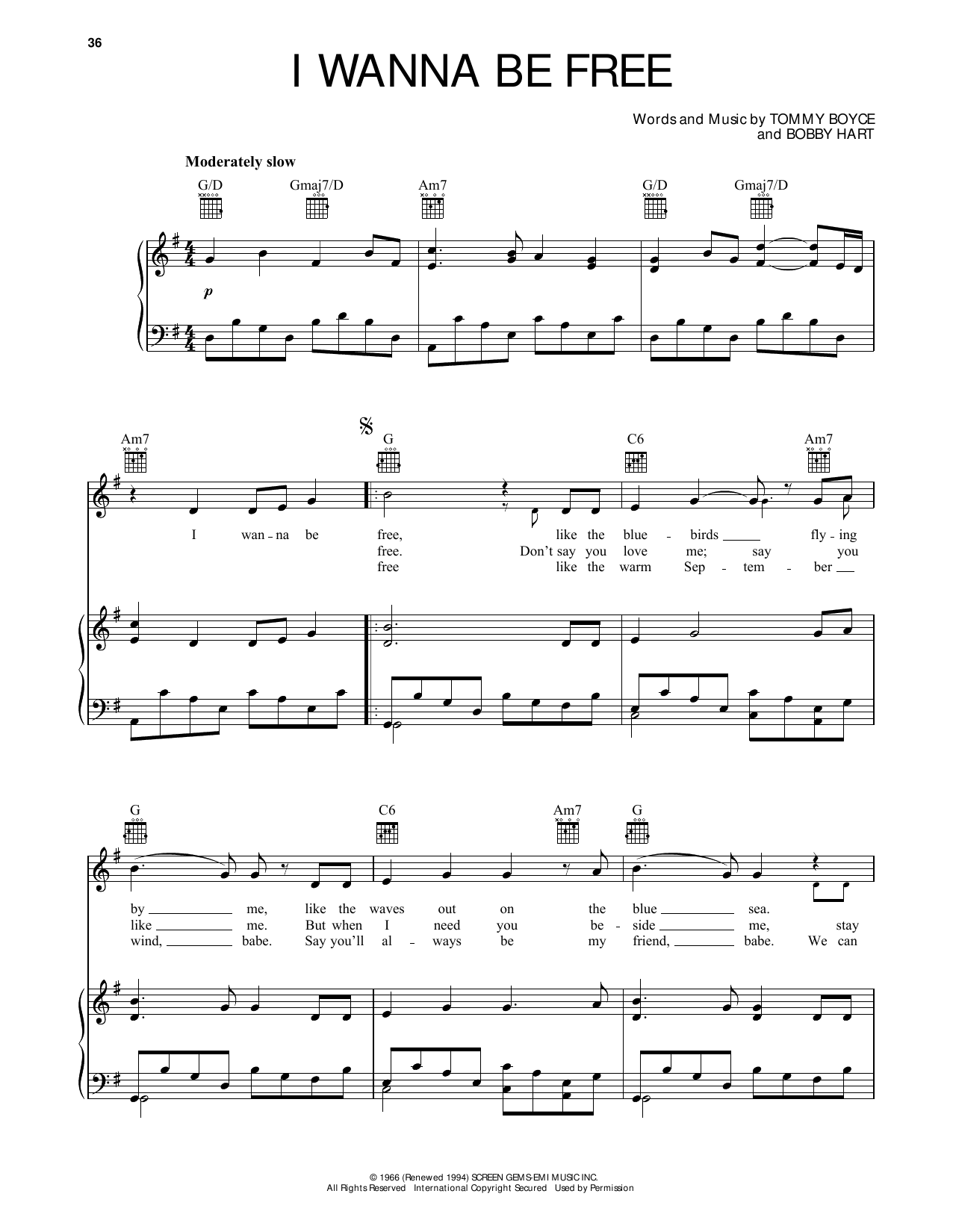 The Monkees I Wanna Be Free Sheet Music Notes & Chords for Piano, Vocal & Guitar (Right-Hand Melody) - Download or Print PDF