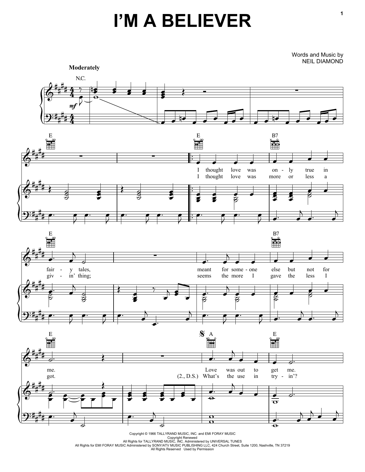 The Monkees I'm A Believer Sheet Music Notes & Chords for Piano, Vocal & Guitar - Download or Print PDF