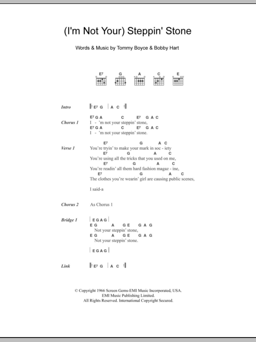 The Monkees (I'm Not Your) Steppin' Stone Sheet Music Notes & Chords for Guitar Chords/Lyrics - Download or Print PDF