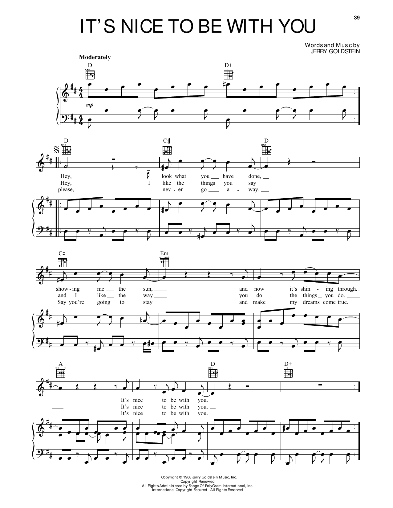 The Monkees It's Nice To Be With You Sheet Music Notes & Chords for Piano, Vocal & Guitar (Right-Hand Melody) - Download or Print PDF