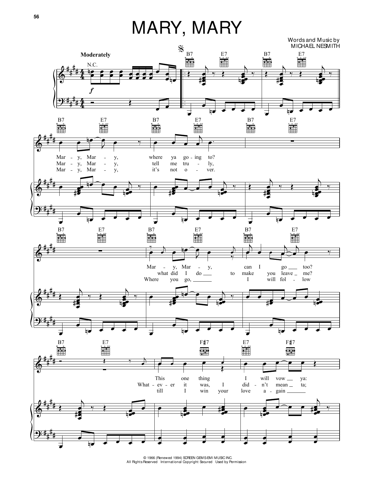 The Monkees Mary, Mary Sheet Music Notes & Chords for Piano, Vocal & Guitar (Right-Hand Melody) - Download or Print PDF