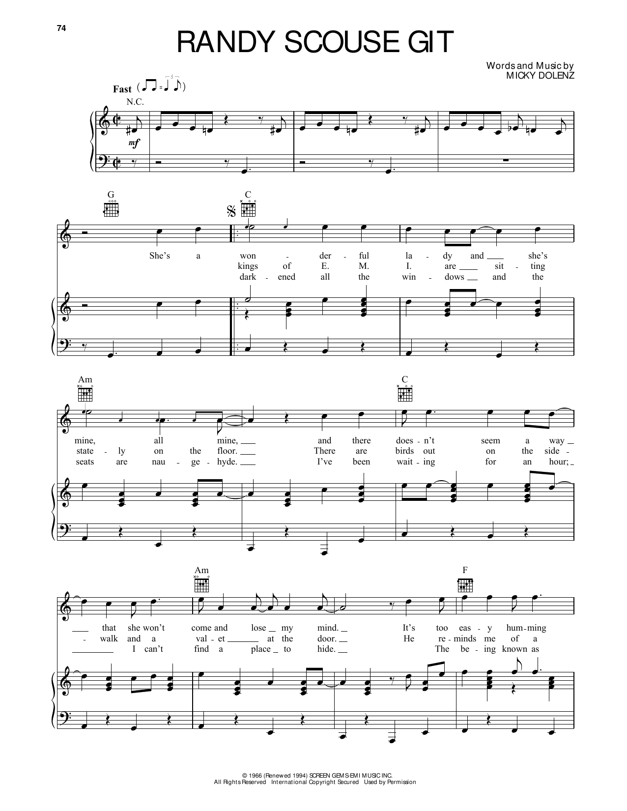 The Monkees Randy Scouse Git Sheet Music Notes & Chords for Piano, Vocal & Guitar (Right-Hand Melody) - Download or Print PDF