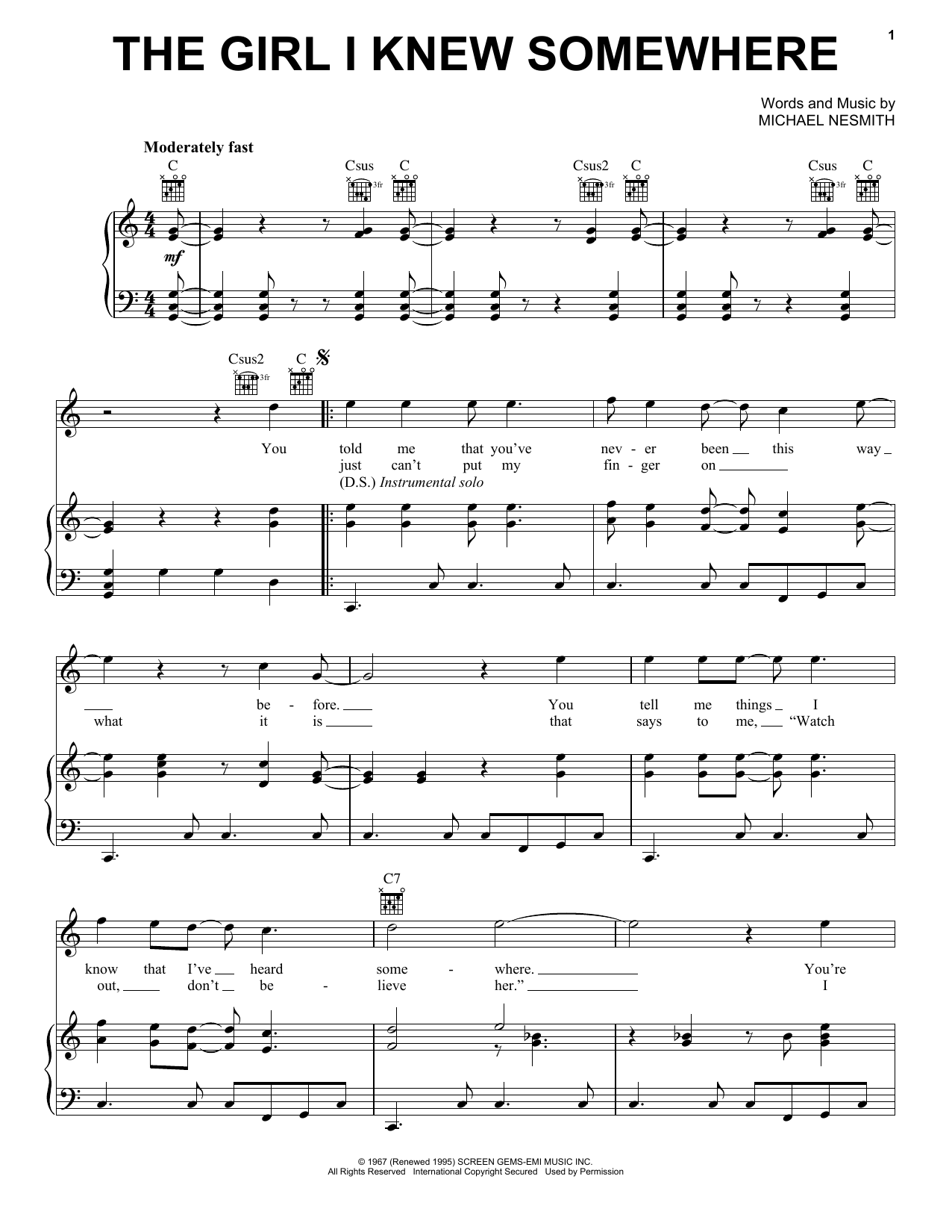 The Monkees The Girl I Knew Somewhere Sheet Music Notes & Chords for Piano, Vocal & Guitar (Right-Hand Melody) - Download or Print PDF