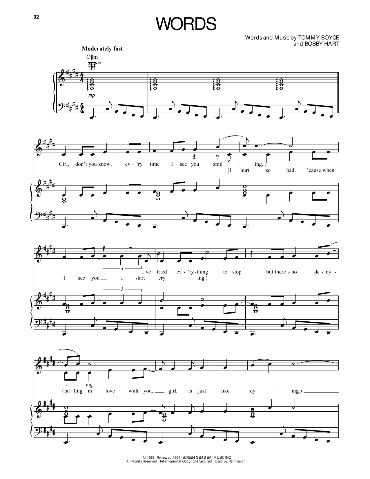 The Monkees Words Sheet Music Notes & Chords for Piano, Vocal & Guitar (Right-Hand Melody) - Download or Print PDF