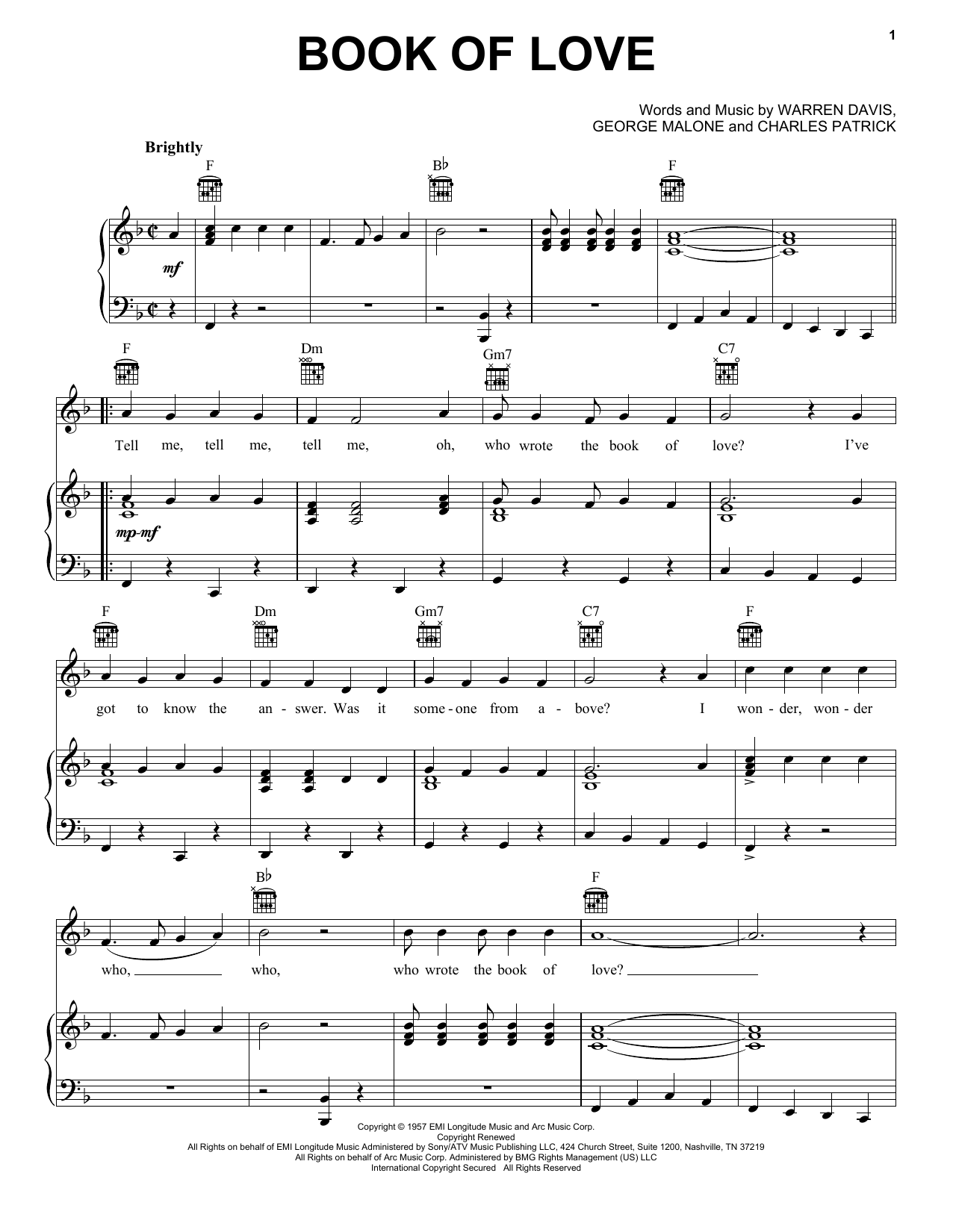 The Monotones Book Of Love Sheet Music Notes & Chords for Easy Piano - Download or Print PDF