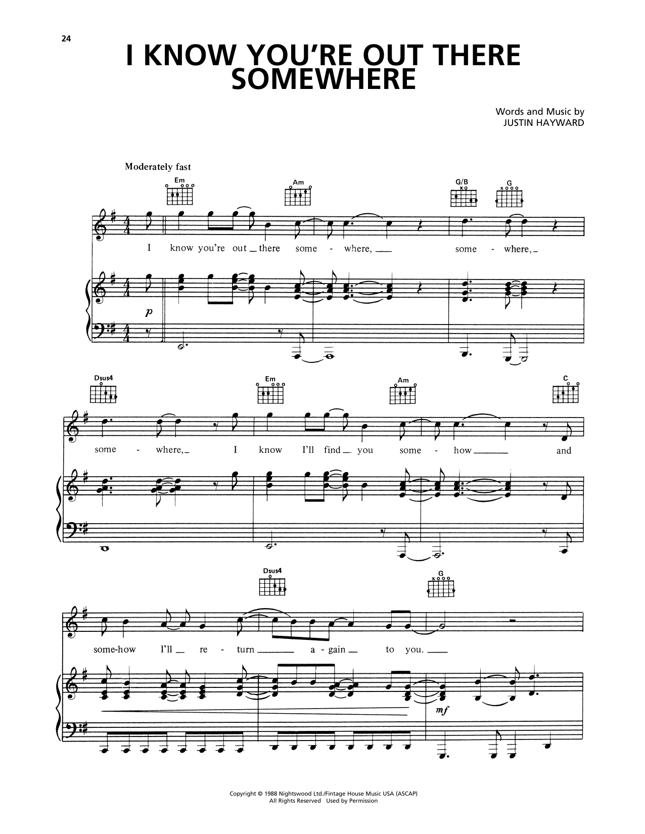 The Moody Blues I Know You're Out There Somewhere Sheet Music Notes & Chords for Piano, Vocal & Guitar Chords (Right-Hand Melody) - Download or Print PDF The Moody Blues I Know You're Out There Somewhere Sheet Music Notes & Chords for Piano, Vocal & Guitar Chords (Right-Hand Melody) - Download or Print PDF