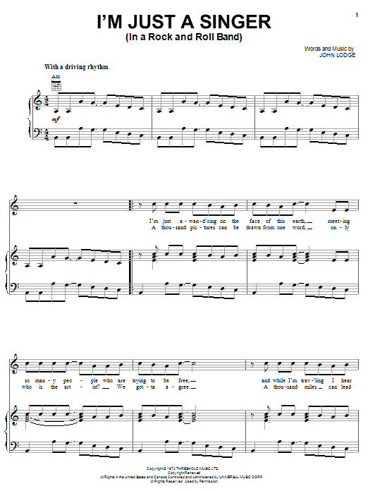 The Moody Blues I'm Just A Singer (In A Rock And Roll Band) Sheet Music Notes & Chords for Melody Line, Lyrics & Chords - Download or Print PDF