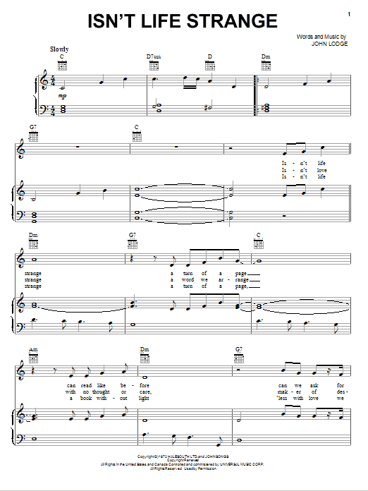 The Moody Blues Isn't Life Strange Sheet Music Notes & Chords for Piano, Vocal & Guitar (Right-Hand Melody) - Download or Print PDF