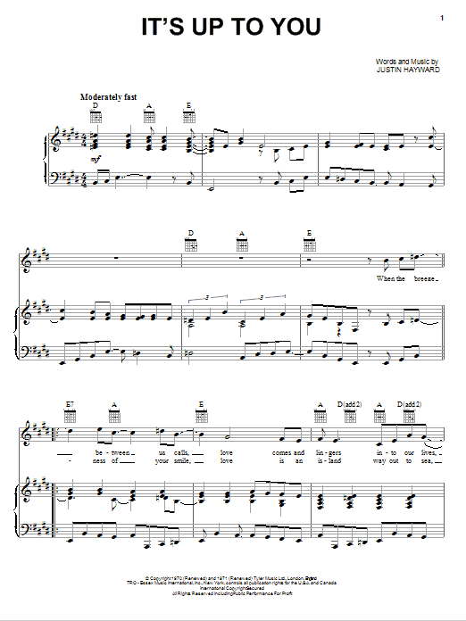 The Moody Blues It's Up To You Sheet Music Notes & Chords for Piano, Vocal & Guitar (Right-Hand Melody) - Download or Print PDF