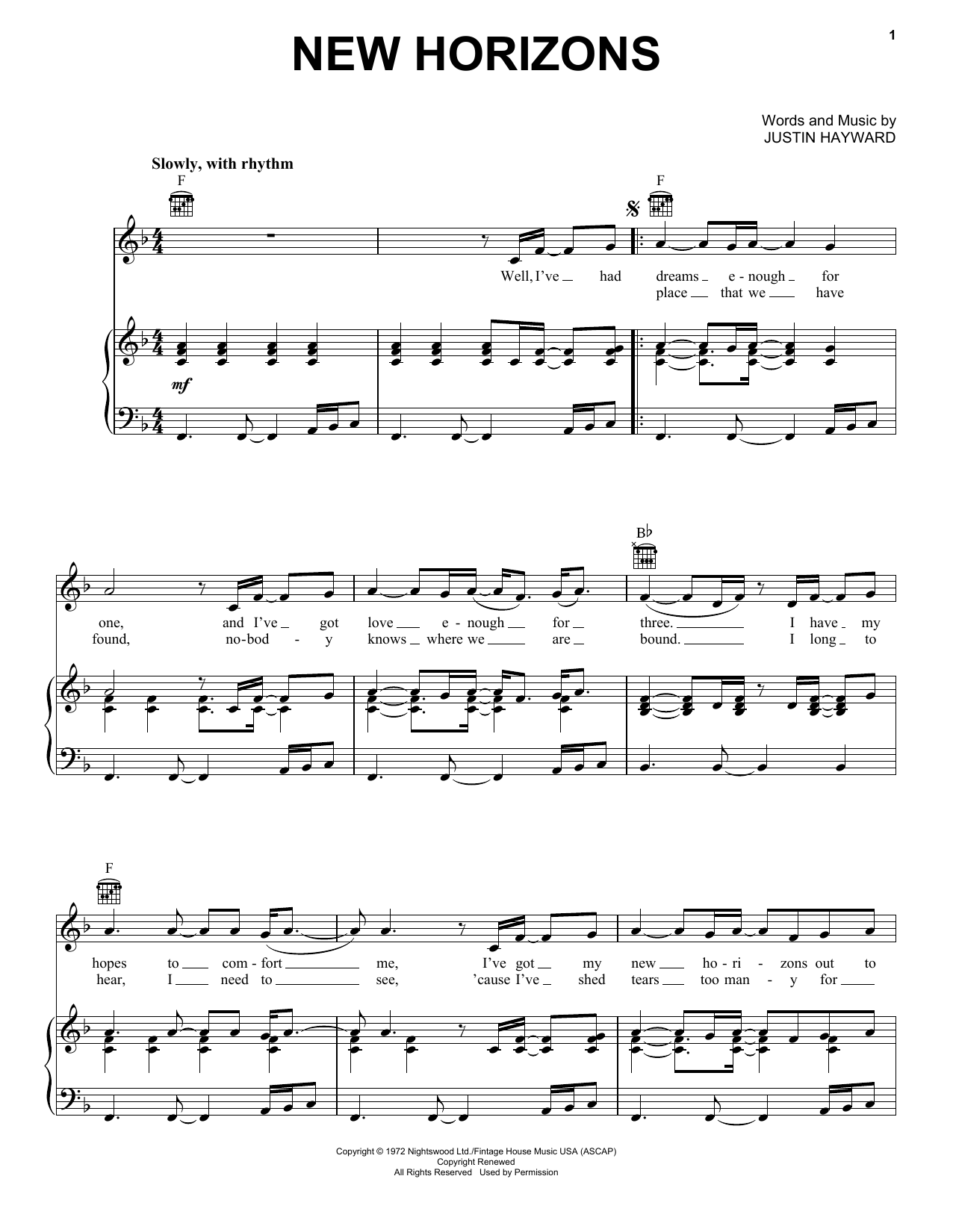 The Moody Blues New Horizons Sheet Music Notes & Chords for Piano, Vocal & Guitar (Right-Hand Melody) - Download or Print PDF