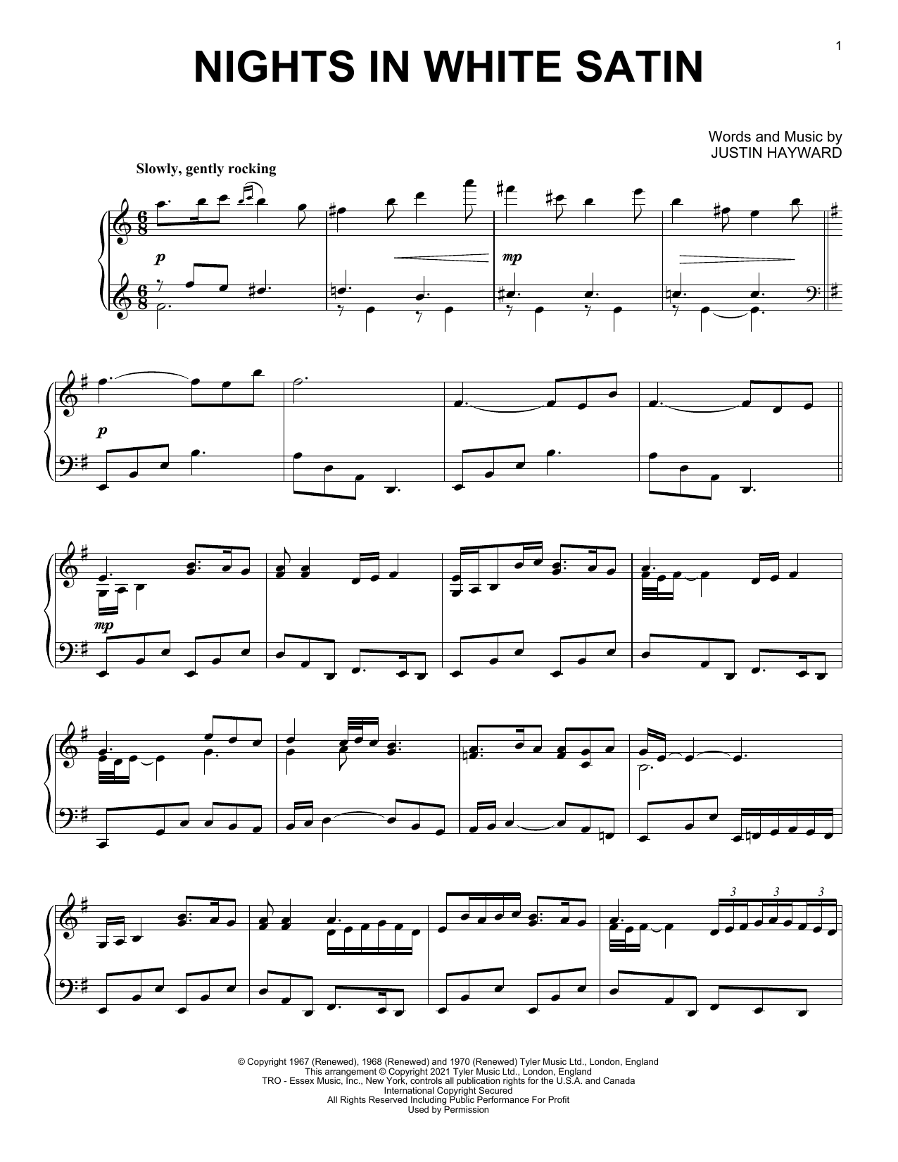 The Moody Blues Nights In White Satin [Classical version] (arr. David Pearl) Sheet Music Notes & Chords for Piano Solo - Download or Print PDF