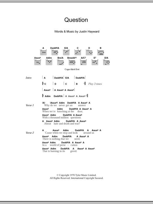 The Moody Blues Question Sheet Music Notes & Chords for Lyrics & Chords - Download or Print PDF