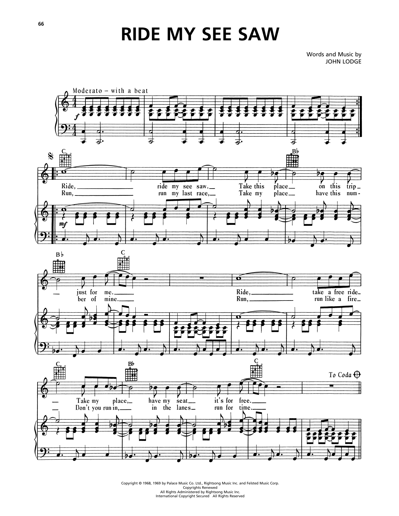 The Moody Blues Ride My See-Saw Sheet Music Notes & Chords for Piano, Vocal & Guitar Chords (Right-Hand Melody) - Download or Print PDF