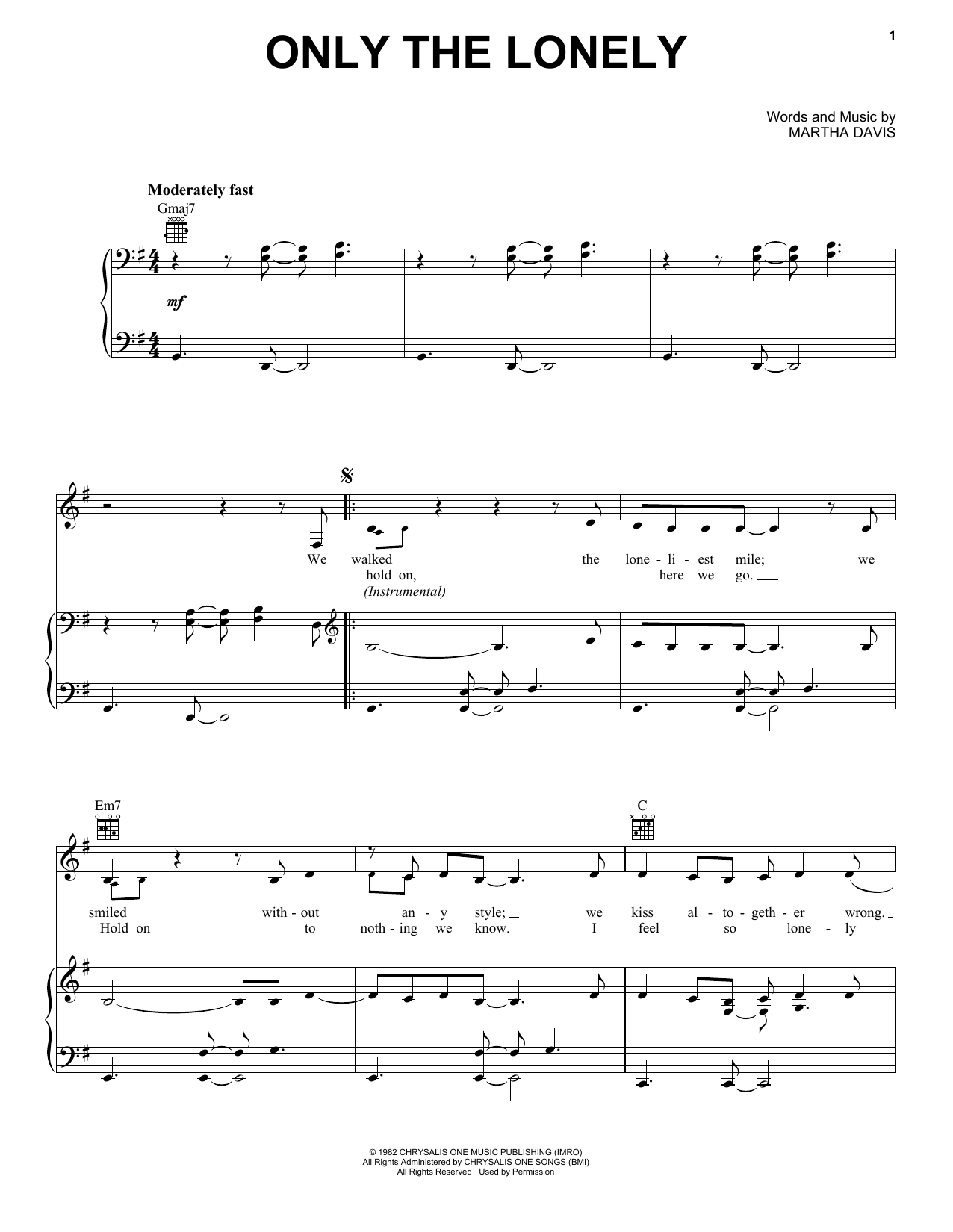 The Motels Only The Lonely Sheet Music Notes & Chords for Piano, Vocal & Guitar Chords (Right-Hand Melody) - Download or Print PDF