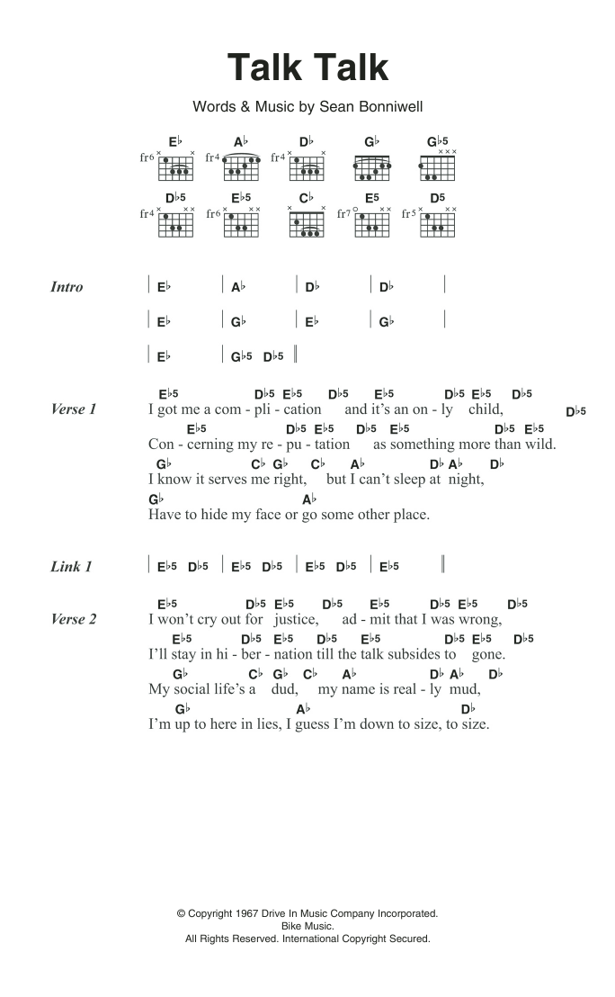 The Music Machine Talk Talk Sheet Music Notes & Chords for Lyrics & Chords - Download or Print PDF