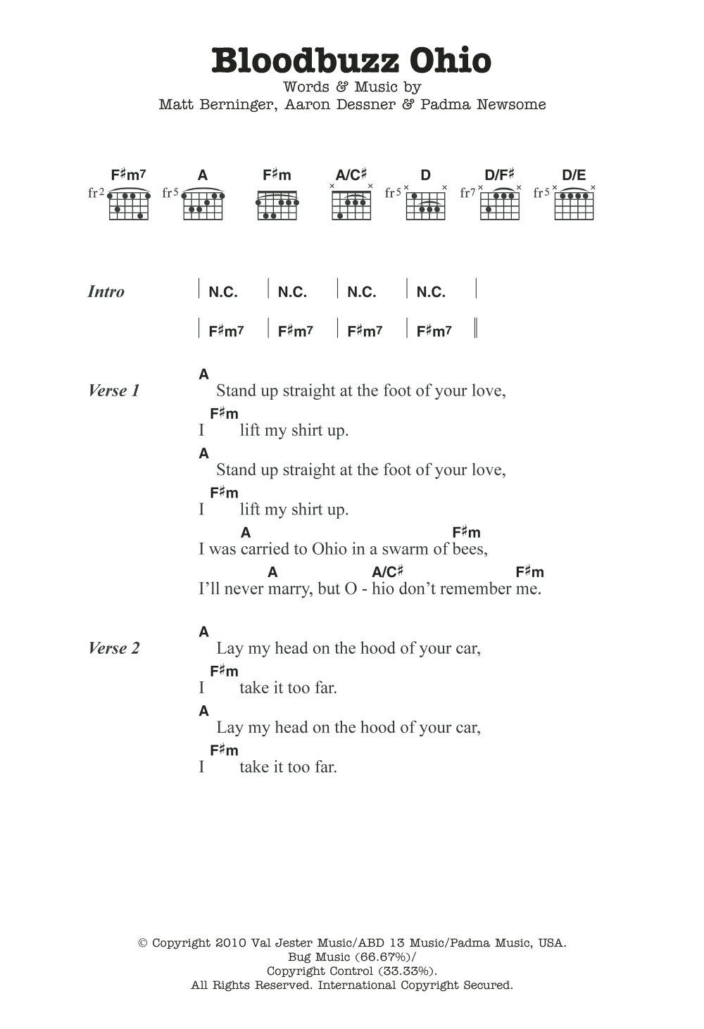 The National Bloodbuzz Ohio Sheet Music Notes & Chords for Lyrics & Chords - Download or Print PDF