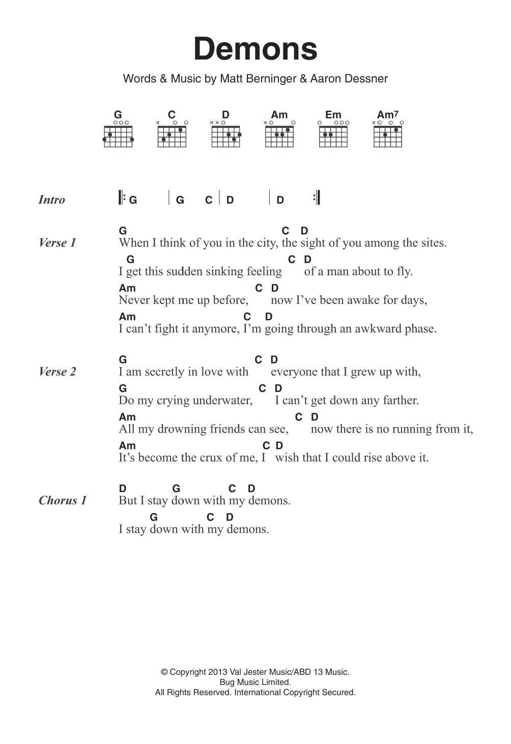 The National Demons Sheet Music Notes & Chords for Lyrics & Chords - Download or Print PDF