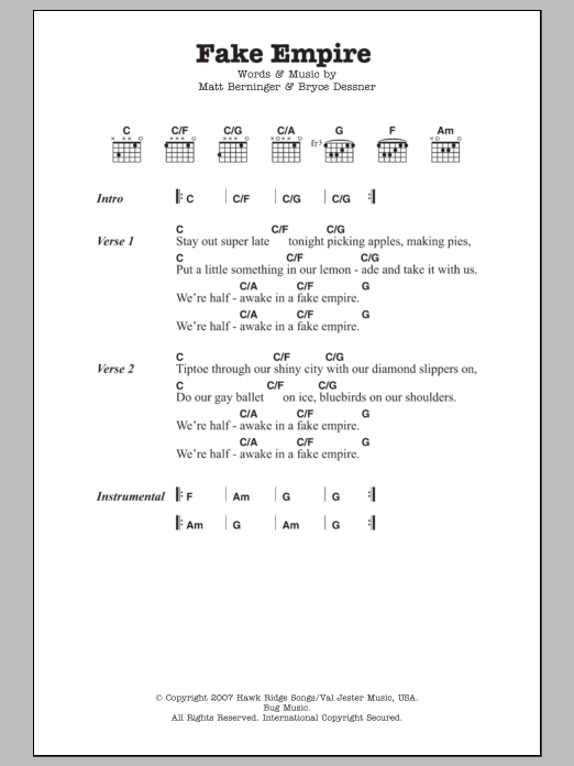 The National Fake Empire Sheet Music Notes & Chords for Lyrics & Chords - Download or Print PDF