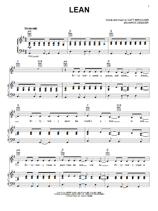 The National Lean Sheet Music Notes & Chords for Piano, Vocal & Guitar (Right-Hand Melody) - Download or Print PDF