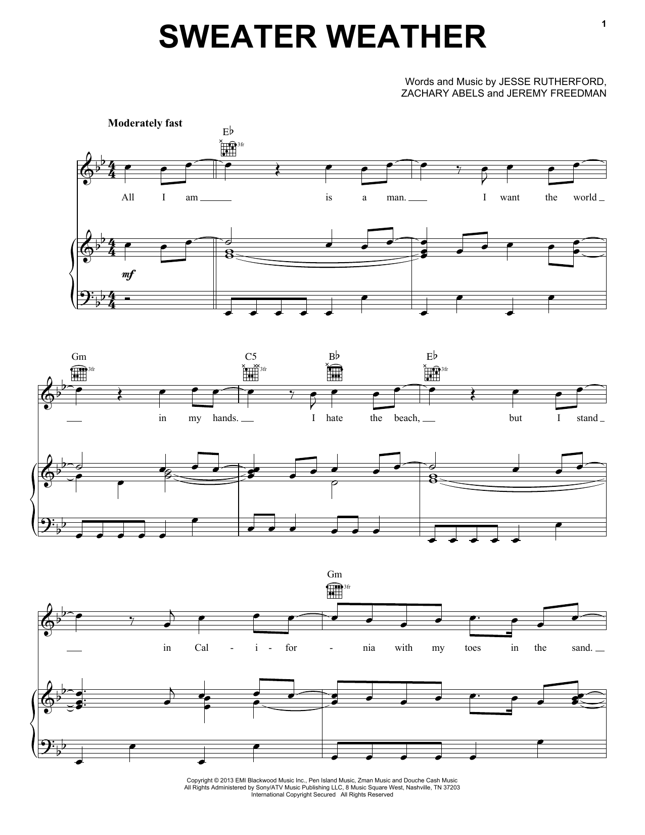 The Neighbourhood Sweater Weather Sheet Music Notes & Chords for Piano, Vocal & Guitar (Right-Hand Melody) - Download or Print PDF