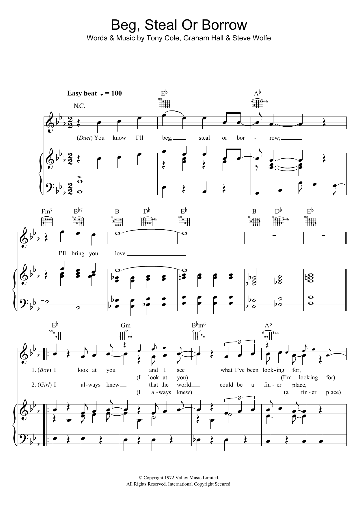 The New Seekers Beg, Steal Or Borrow Sheet Music Notes & Chords for Piano, Vocal & Guitar (Right-Hand Melody) - Download or Print PDF