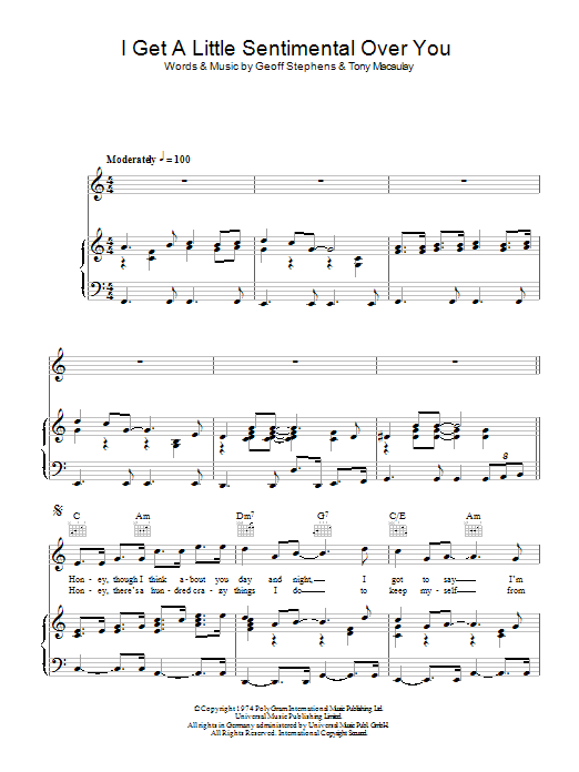 The New Seekers I Get A Little Sentimental Over You Sheet Music Notes & Chords for Piano, Vocal & Guitar (Right-Hand Melody) - Download or Print PDF