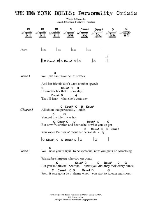 The New York Dolls Personality Crisis Sheet Music Notes & Chords for Lyrics & Chords - Download or Print PDF