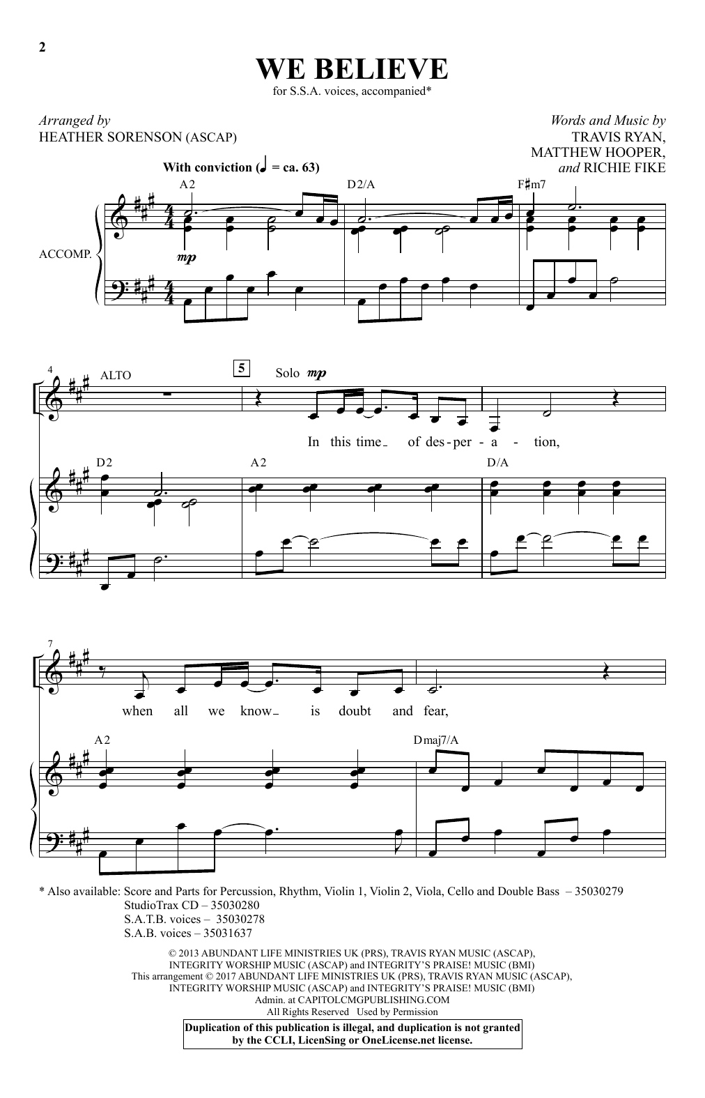 Newsboys We Believe (arr. Heather Sorenson) Sheet Music Notes & Chords for SSA - Download or Print PDF