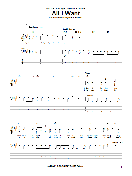 The Offspring All I Want Sheet Music Notes & Chords for Easy Guitar Tab - Download or Print PDF