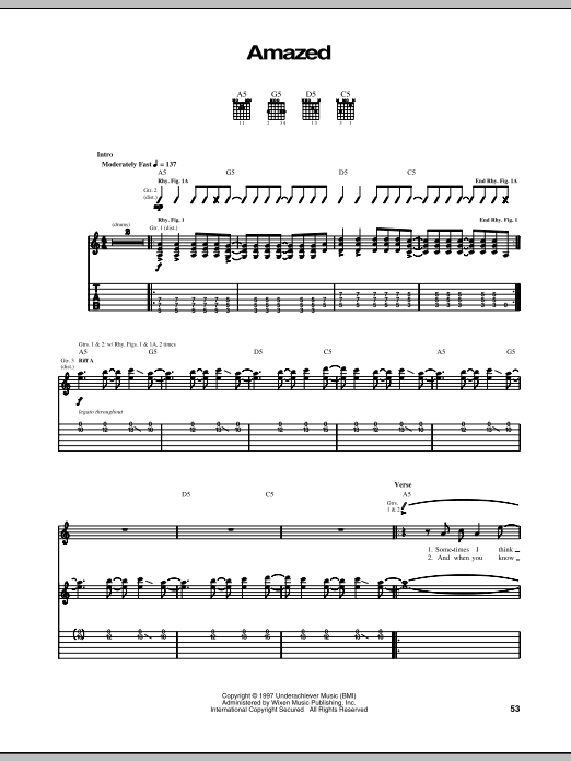 The Offspring Amazed Sheet Music Notes & Chords for Guitar Tab - Download or Print PDF