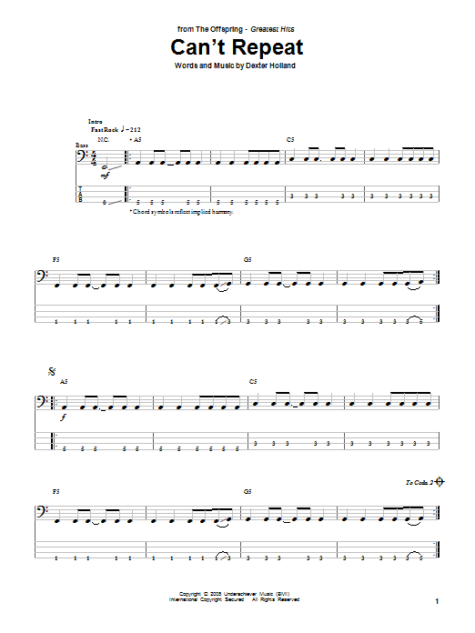 The Offspring Can't Repeat Sheet Music Notes & Chords for Easy Guitar Tab - Download or Print PDF