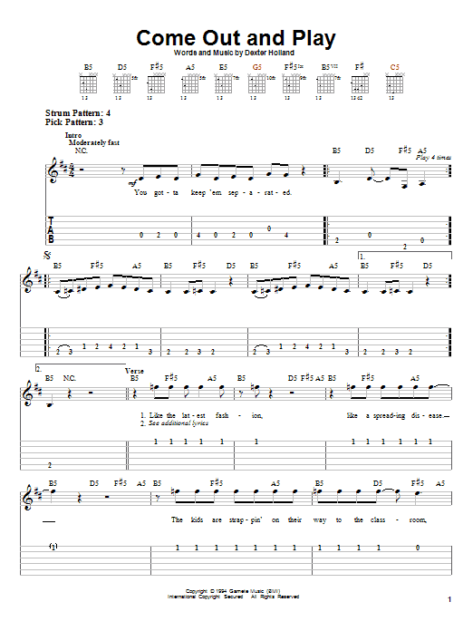 The Offspring Come Out And Play Sheet Music Notes & Chords for Piano, Vocal & Guitar (Right-Hand Melody) - Download or Print PDF