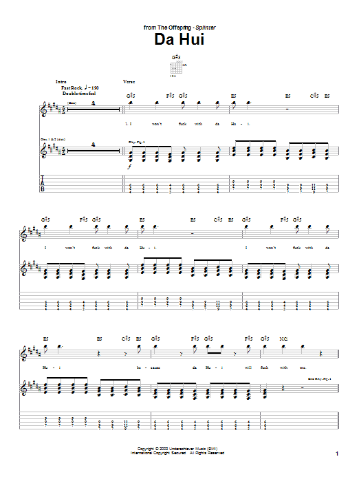 The Offspring Da Hui Sheet Music Notes & Chords for Guitar Tab - Download or Print PDF