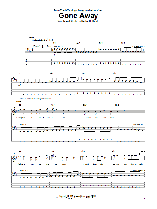 The Offspring Gone Away Sheet Music Notes & Chords for Bass Guitar Tab - Download or Print PDF