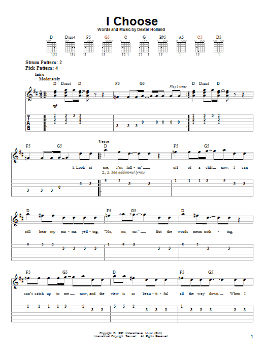 The Offspring I Choose Sheet Music Notes & Chords for Easy Guitar Tab - Download or Print PDF