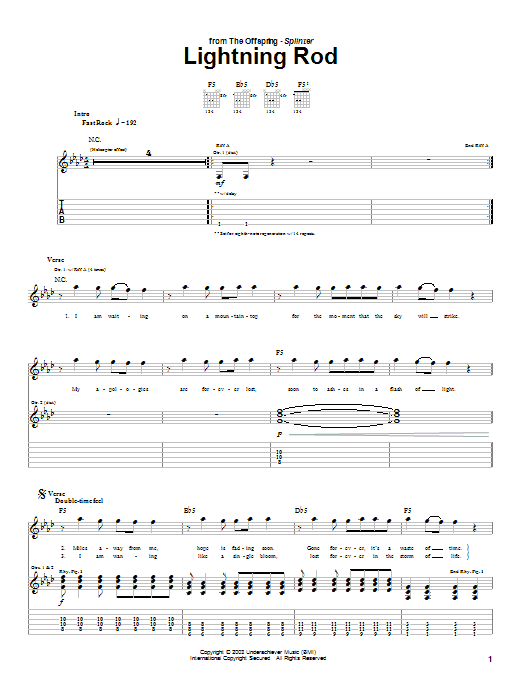 The Offspring Lightning Rod Sheet Music Notes & Chords for Guitar Tab - Download or Print PDF