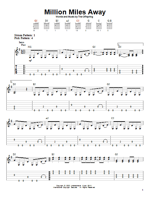 The Offspring Million Miles Away Sheet Music Notes & Chords for Easy Guitar Tab - Download or Print PDF