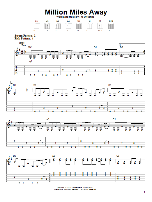 The Offspring Million Miles Away Sheet Music Notes & Chords for Guitar Tab Play-Along - Download or Print PDF