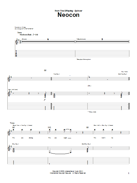 The Offspring Neocon Sheet Music Notes & Chords for Guitar Tab - Download or Print PDF