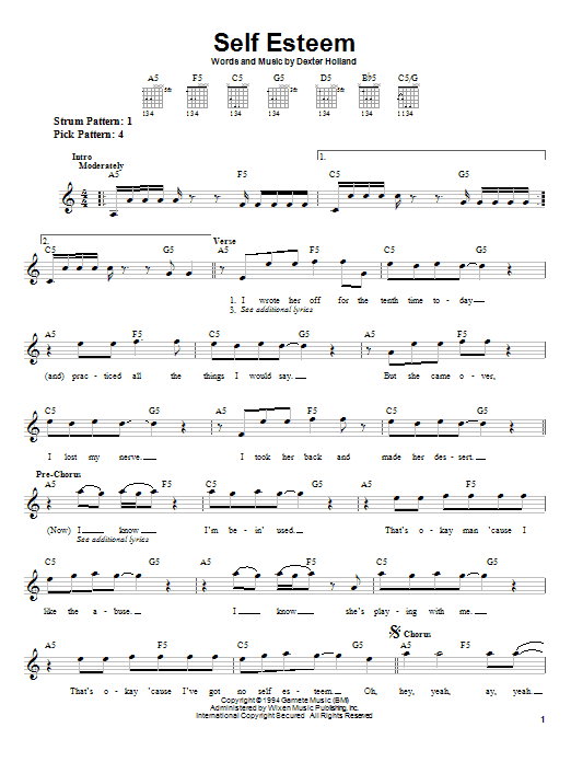 The Offspring Self Esteem Sheet Music Notes & Chords for Easy Guitar Tab - Download or Print PDF