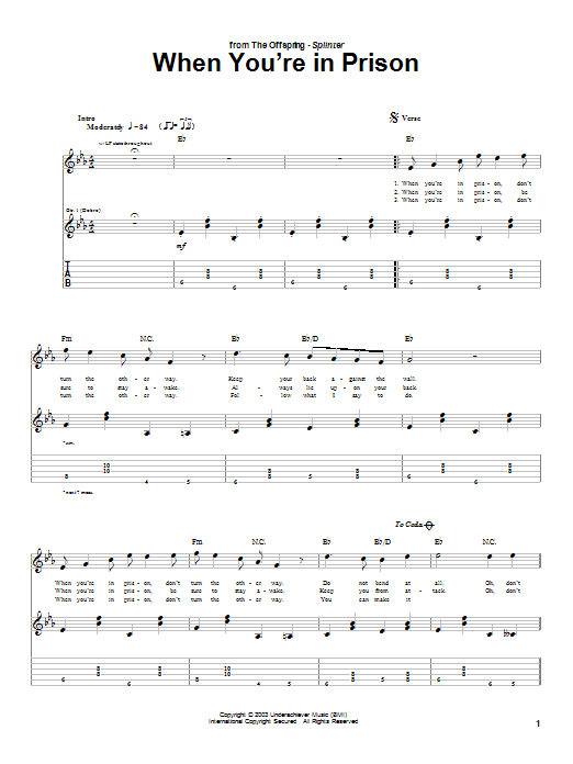 The Offspring When You're In Prison Sheet Music Notes & Chords for Guitar Tab - Download or Print PDF