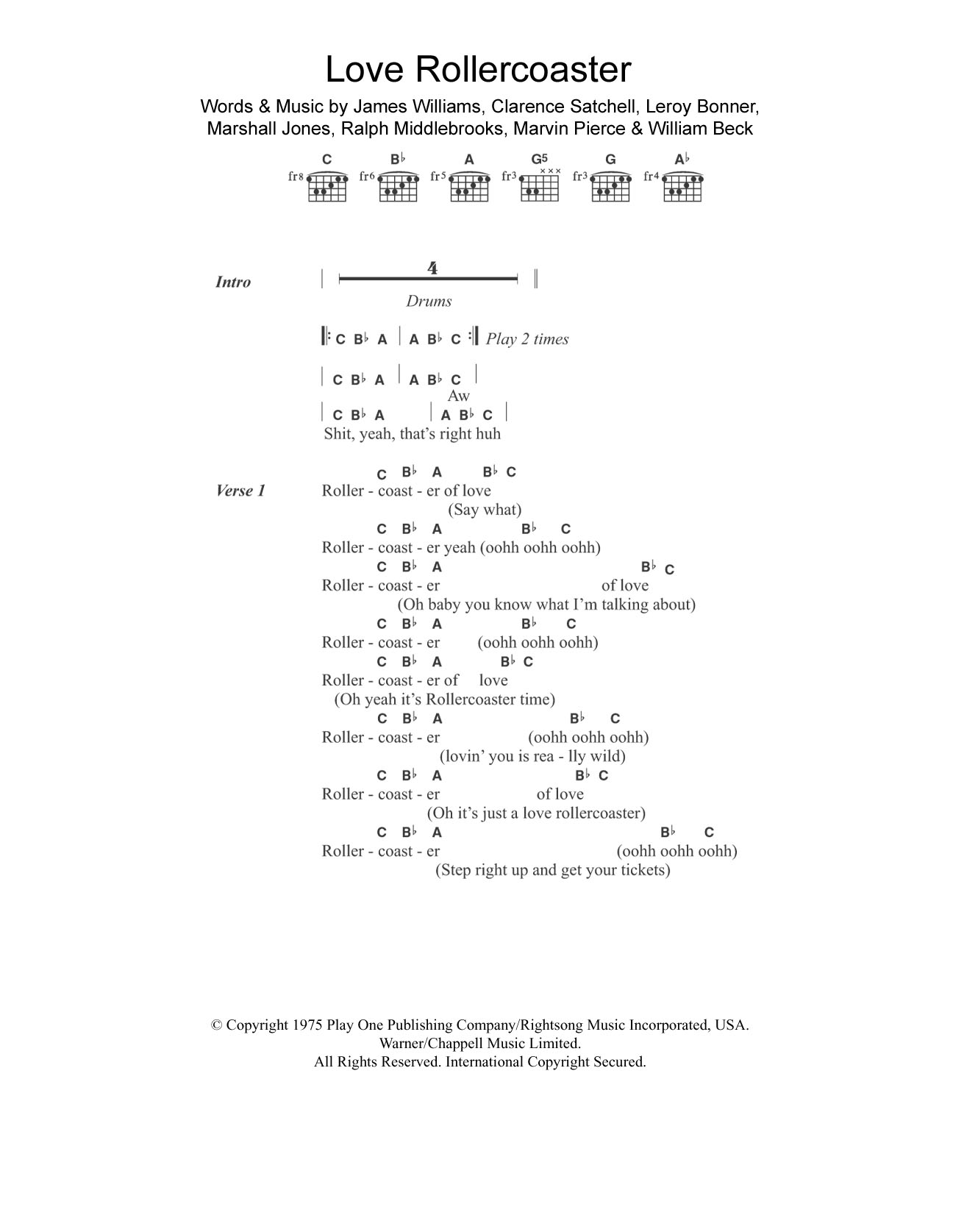 The Ohio Players Love Rollercoaster Sheet Music Notes & Chords for Guitar Chords/Lyrics - Download or Print PDF