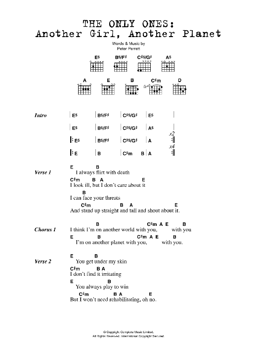 The Only Ones Another Girl, Another Planet Sheet Music Notes & Chords for Lyrics & Chords - Download or Print PDF