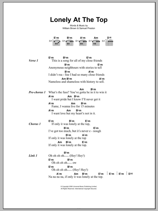 The Ordinary Boys Lonely At The Top Sheet Music Notes & Chords for Lyrics & Chords - Download or Print PDF