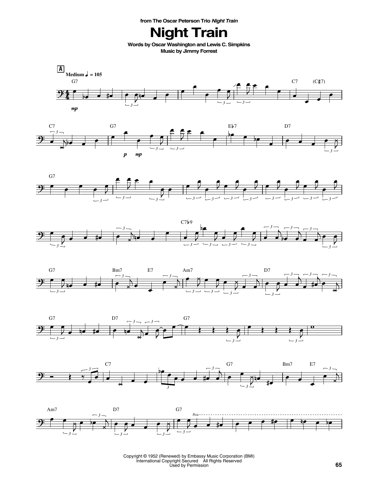 The Oscar Peterson Trio Night Train Sheet Music Notes & Chords for String Bass Transcription - Download or Print PDF