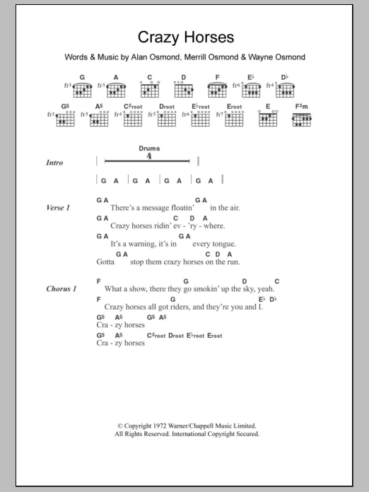 The Osmonds Crazy Horses Sheet Music Notes & Chords for Lyrics & Chords - Download or Print PDF