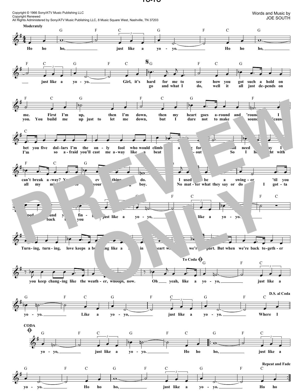 The Osmonds Yo-Yo Sheet Music Notes & Chords for Melody Line, Lyrics & Chords - Download or Print PDF